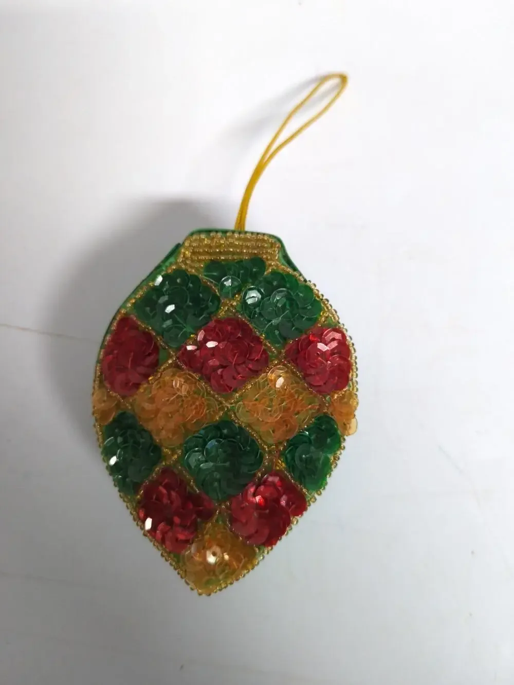 Vtg 4” Christmas Ornament Green With Colored Sequin Bead Trinket Box Ornament